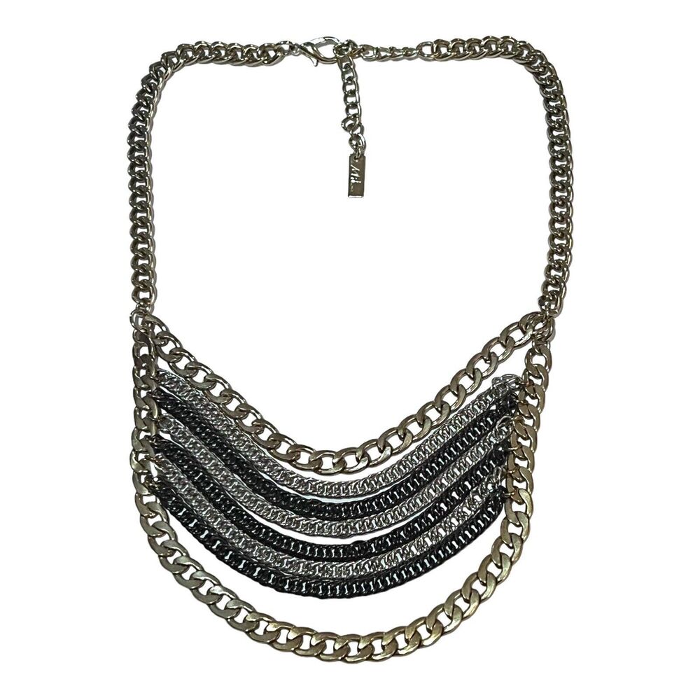 Vintage Mika 8 Layer Necklace Goldtone Silvertone Black Cuban Curb Chain Signed